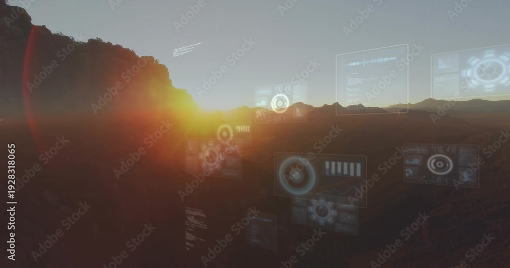 Obraz premium Displaying canyon sunrise with floating HUD panels over valley, sun peeking left ridgeline, haze