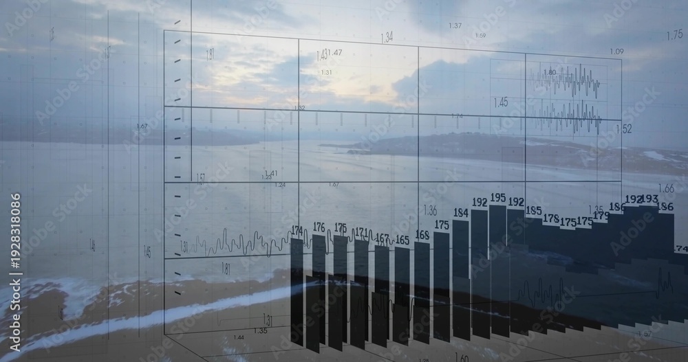 Obraz premium Displaying transparent 3D chart overlaying bay at sunrise, with wireframe axes, labeled bars