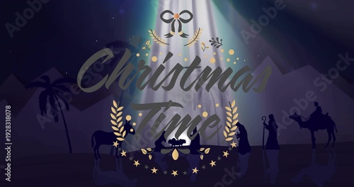 Spotlight shining on robed figures kneeling around manger holding infant in desert, Christmas Time