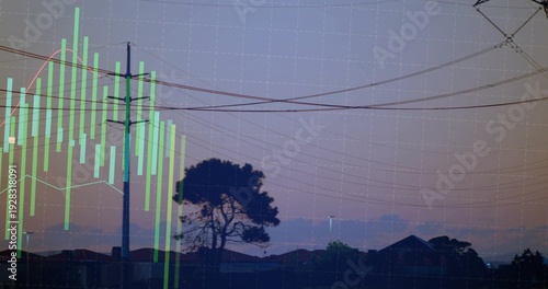 Framing silhouetted tree anchoring dusk suburban skyline, with pole, power lines, chart overlay
