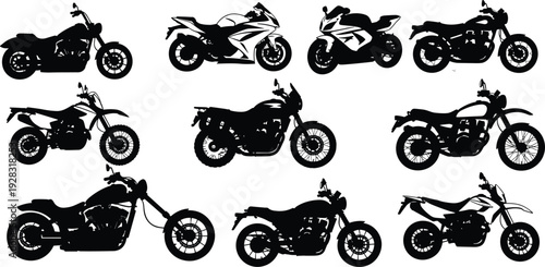 Motorcycle silhouette illustration set featuring sport bikes, cruisers, dirt bikes, and classic designs, black vector artwork for automotive themes, decorative projects, and modern graphic design