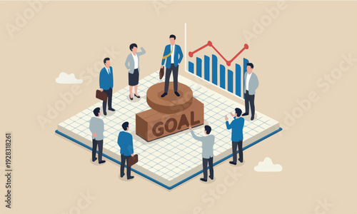Business goal, KPI or company target by miniature businessman leader standing on wooden stamp with alphabet building the word GOAL on graph paper notebook with other people admiring