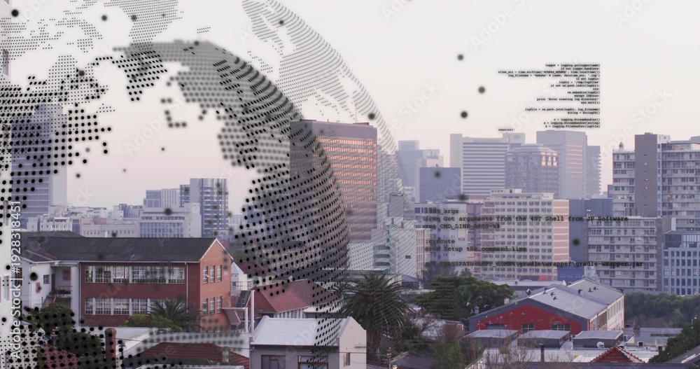 Obraz premium Floating halftone globe overlaying urban skyline at sunrise, showing code blocks, palms, towers
