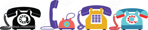 Evolution of telephone technology from vintage rotary phone to modern office desk telephones in flat vector illustration for communication and contact concept.