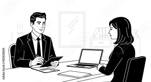 Professional man and woman in a business meeting or interview.