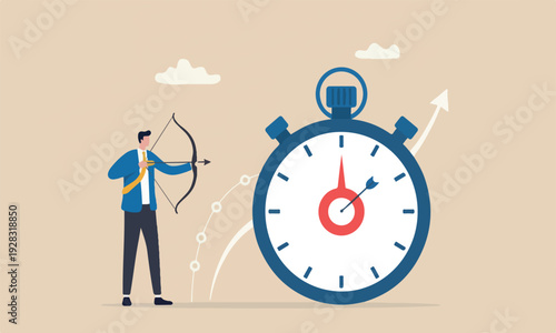 Time management finish work within deadline, productivity or efficiency to reach goal, project timeline concept, smart businessman holding bow after shot at bullseye target on stopwatch