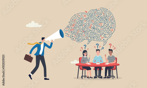 Ramble, confused teams together target communication skill, confusion dialogue problem, unclear message concept, chaos businessman boss explain confused labyrinth maze speech bubble to team members.