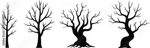 Collection of spooky twisted bare tree silhouettes isolated on white background Halloween horror forest vector illustration design elements set