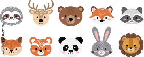 Cartoon animal faces including sloth, deer, bear, fox, raccoon, red panda, panda, rabbit, and lion, playful children’s illustration for education, books, activities, and creative design projects