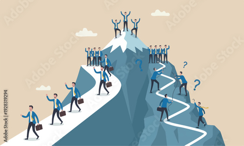 Success flat with clean lines and minimal shading business concept, businessmen compete easy and hard way to climb mountain