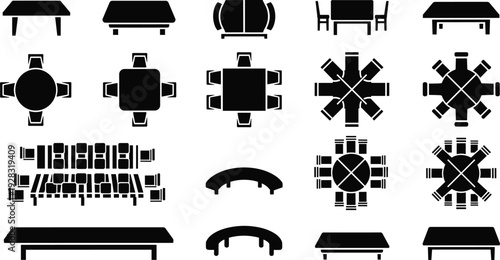 Furniture silhouette set featuring dining tables and chairs in top view and side view icons for interior design cad drawing flat vector illustration