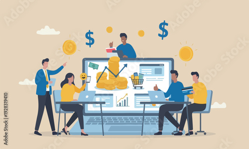 Commerce concept meeting teams together design with clean lines and minimal shading on red pillars businessman making money coins online website from computer laptop
