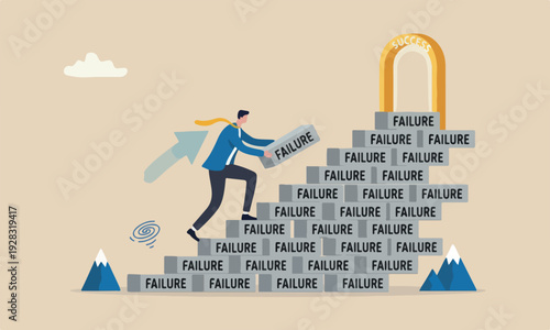 Improve from up to success, challenge and ambition to never give up, learn to fail as path to achieve goal concept, strive businessman build stair to success with his failure.