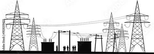 Electrical Substation with High Voltage Transmission Towers and Engineers Silhouette Isolated on White Background, Power Grid Infrastructure and Energy Industry Vector Illustration