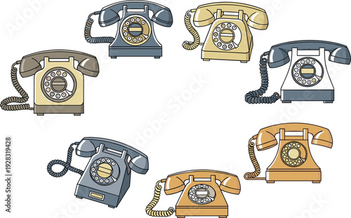 Retro rotary desk telephones collection in flat vector illustration for vintage communication concept, office decor, antique technology branding and classic contact design.