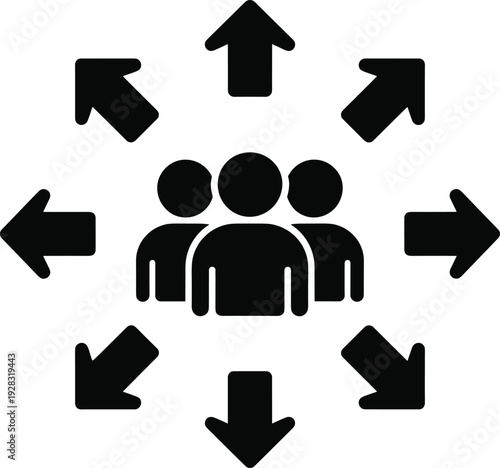 Black icon of three people with outward arrows symbolizing distribution, outreach, communication, and network expansion for business, organization, and social influence design