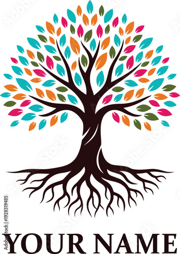 Colorful Tree Logo with Roots Vector Illustration, Abstract Nature Emblem with Vibrant Leaves, Symbol of Growth, Life and Family Isolated on White
