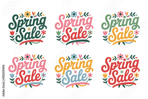 Spring sale colorful floral typography illustrations for marketing promotions