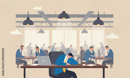 Quiet, exhaustion burn out from hard work without recognition concept, unhappy businessman sleeping while working at busy workplace.