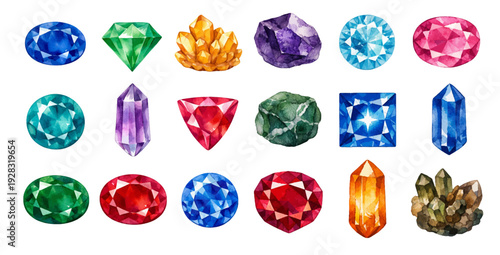 A charming watercolor collection of colorful gemstones and crystal formations, featuring faceted sapphires, emerald cuts, ruby ovals, raw amethyst clusters, quartz points, and sparkling jewel shapes.
