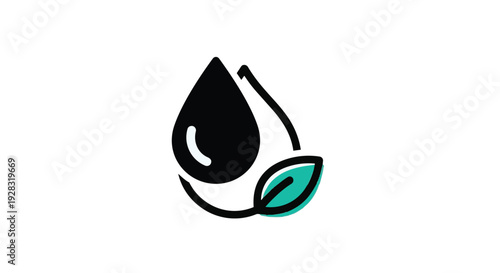 A black teardrop shape with a small green leaf
