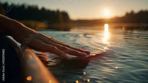 Hand touching calm lake water at sunset with golden reflection