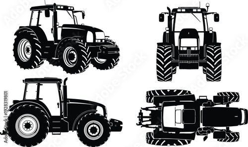 Heavy duty farm tractor silhouette set in cad drawing flat vector illustration with front side and top view for agricultural machinery design.