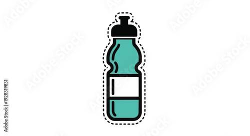Teal colored sports bottle with black cap and label