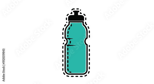 Teal colored water bottle with black lid and dashed outline