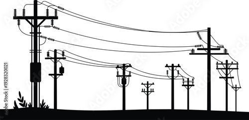 Rural Electric Utility Poles with Overhead Power Lines Silhouette Isolated on White Background, Electricity Distribution Infrastructure Vector Illustration Landscape