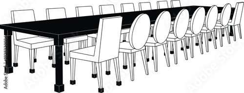 Long banquet dining table and chair set in cad drawing flat vector illustration for meeting room or restaurant interior design furniture layout.