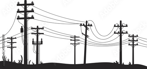 Rural Utility Poles with Overhead Power Lines Silhouette Isolated on White Background, Electricity Distribution Infrastructure Landscape Vector Illustration Design
