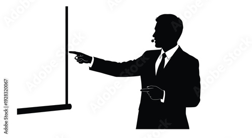 Silhouette of a businessman presenting with a pointer to a whiteboard