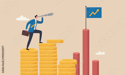 investment on red pillars market forecast or business profit concept, smart businessman leader climb up ladder on Indian rupee money coin with telescope look for vision.