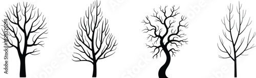 Set of Black Leafless Tree Silhouettes Isolated on White Background, Minimalist Winter Forest Vector Illustration with Bare Branches for Halloween and Gothic Design