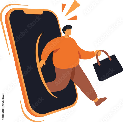 A minimalist vector illustration of a man running out of a giant smartphone with a briefcase