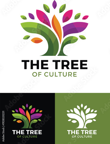 Creative Tree of Culture Logo Design Vector Illustration with Colorful Leaves, Modern Branding Identity Template, Cultural Growth Symbol on Light and Dark Background