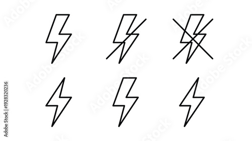 Lightning Bolt Icons in Various States of Completion and Rejection in Simple Line Art Style with Black Color on White Background for Graphic Design