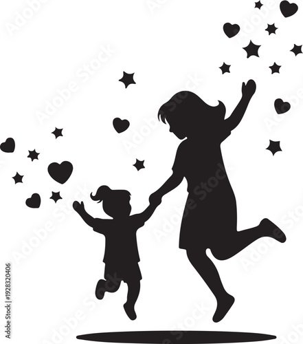 Silhouette of a joyful woman and child playing together under a starry sky with hearts