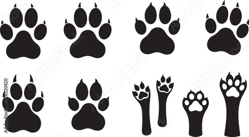 Collection of various animal paw prints and footprints in black silhouette on white background for identification and educational purposes