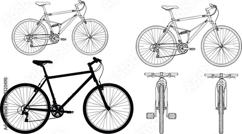 Mountain bike collection with side and front views, cad drawing flat vector illustration, bicycle silhouettes and wireframe outlines isolated on white background.
