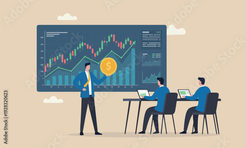 Stock market industria investment or wealth management, trend following concept, businessman trader hold money dollar coin with chart and graph