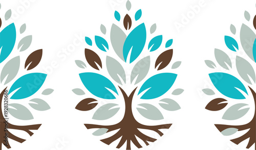 Modern Abstract Tree Logo Set with Leaves and Roots, Minimal Flat Botanical Design for Eco Branding, Organic Business Identity and Nature Inspired Projects