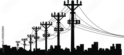 Silhouette of urban power distribution poles and overhead electrical lines over city skyline illustrating electricity transmission infrastructure and industrial energy network concept