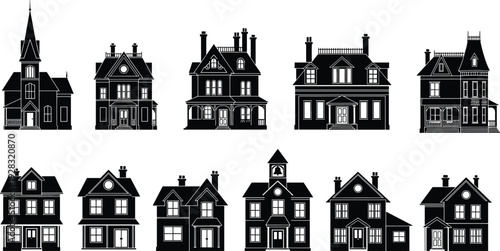 Black vector silhouette collection featuring diverse house styles, Victorian mansions, suburban family homes, classic residential buildings, and a vintage schoolhouse icon.