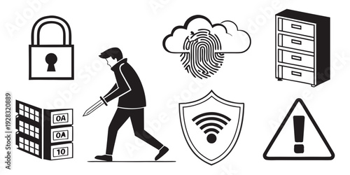 A person walking towards a shield with various security icons around them. Vector