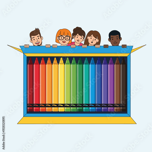 Children Emerging from Colorful Crayon Box.