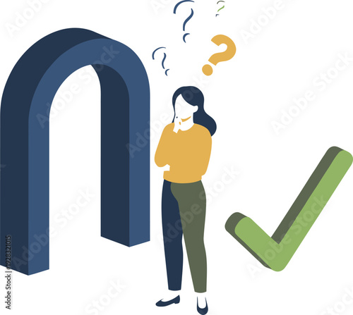 A woman stands at a crossroads, choosing between a path with question marks and one with a green checkmark.