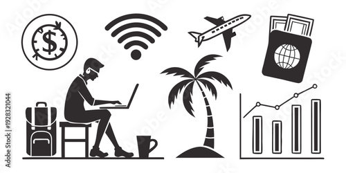 Remote worker enjoying tropical vacation while managing business tasks and investments Vector