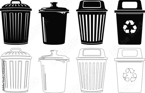 A collection of trash cans and recycling bins illustration